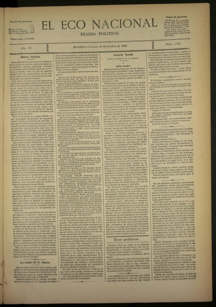 Miniatura de El Eco Nacional de 30 de octubre de 1885, nº 1654