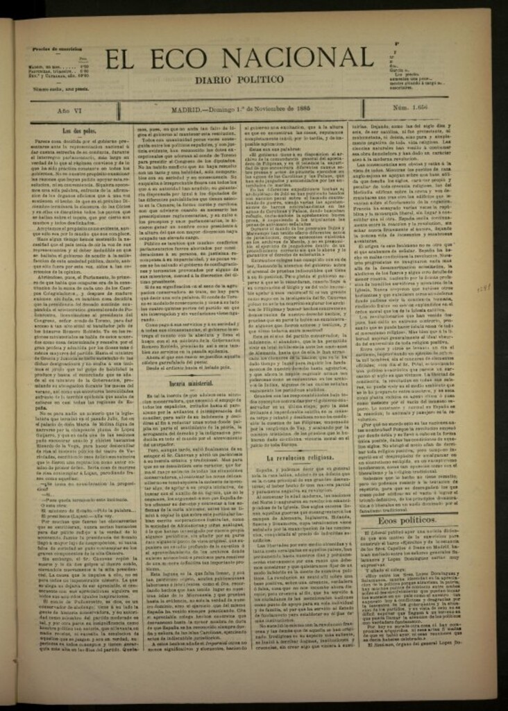 Miniatura de El Eco Nacional de 1 de noviembre de 1885, nº 1656