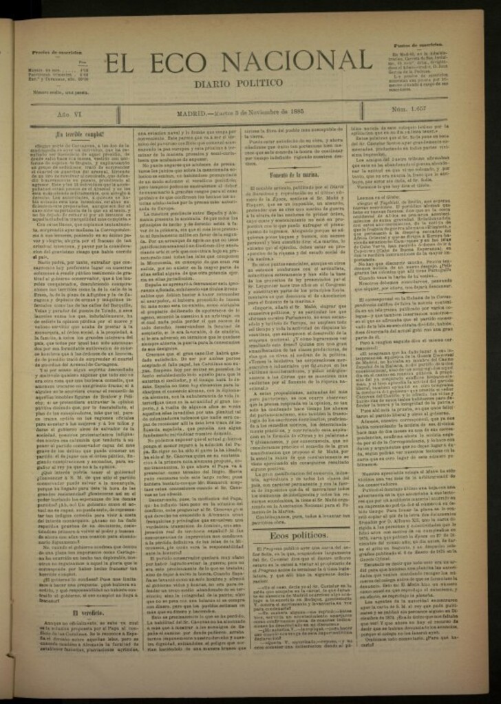 Miniatura de El Eco Nacional de 3 de noviembre de 1885, nº 1657