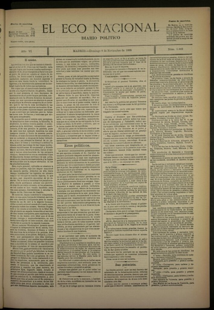 Miniatura de El Eco Nacional de 8 de noviembre de 1885, nº 1662