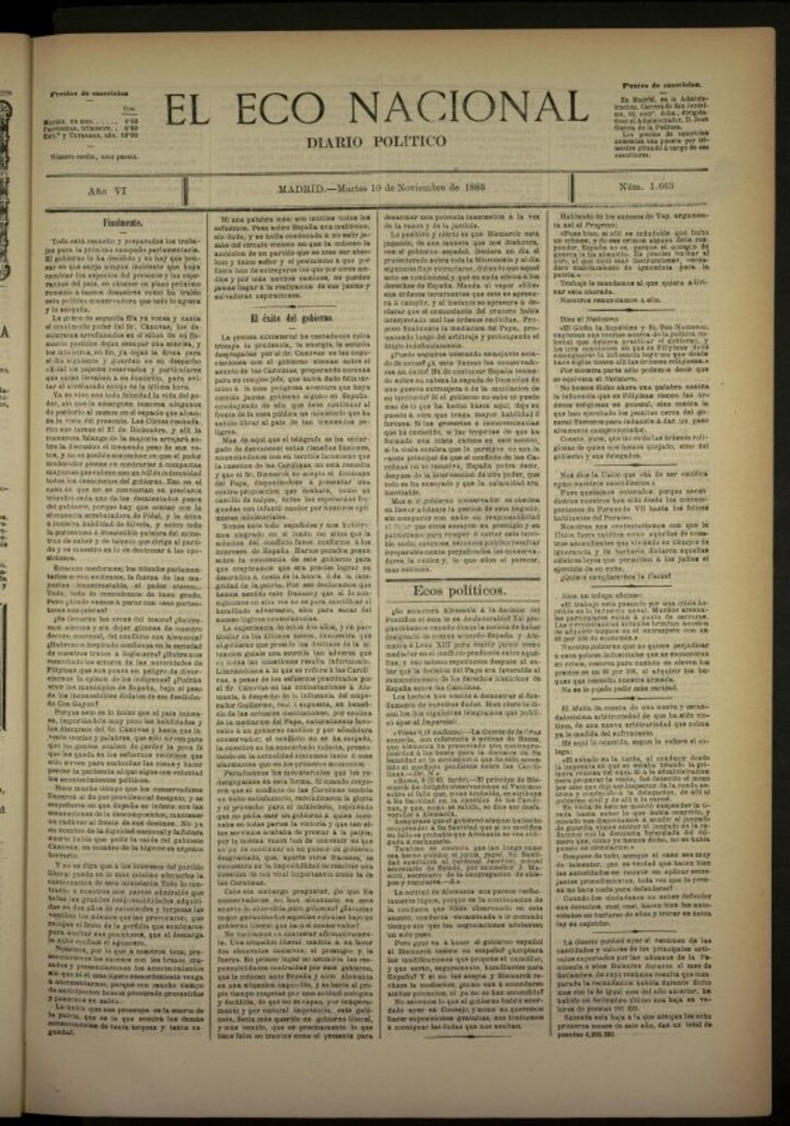 Miniatura de El Eco Nacional de 10 de noviembre de 1885, nº 1663