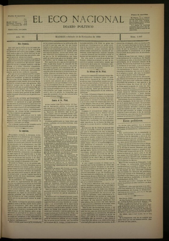 Miniatura de El Eco Nacional de 14 de noviembre de 1885, nº 1667