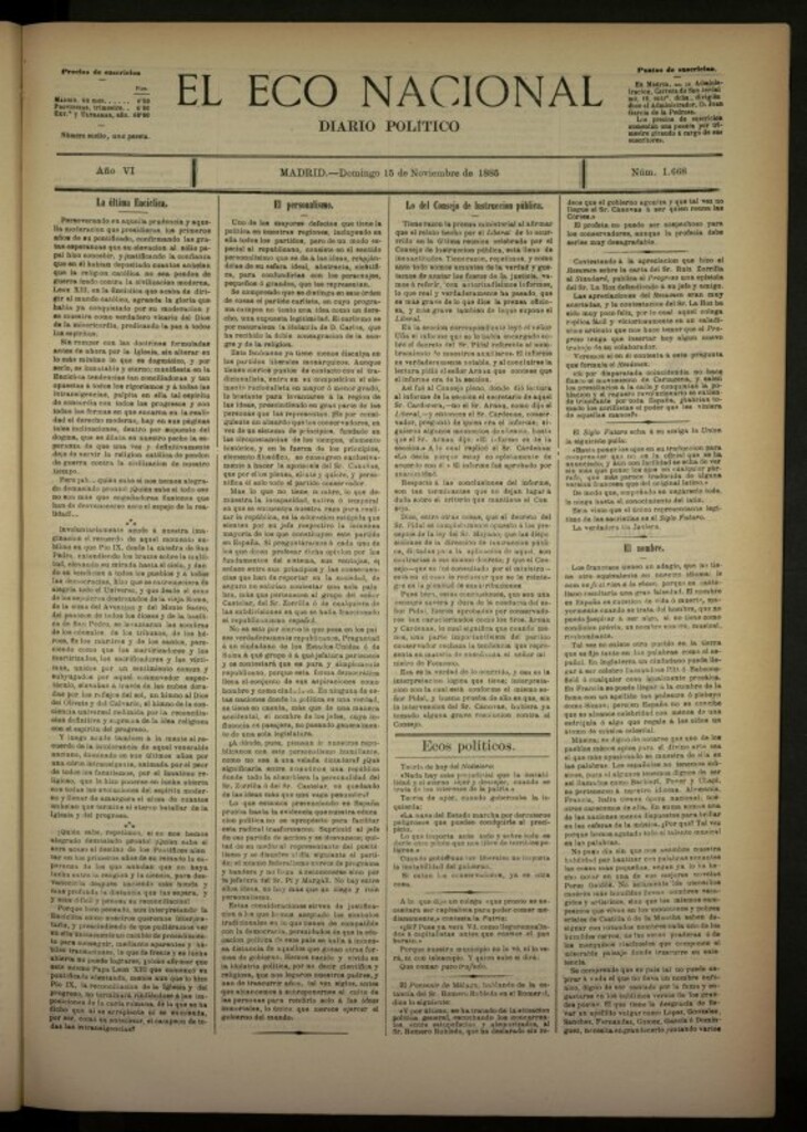 Miniatura de El Eco Nacional de 15 de noviembre de 1885, nº 1668