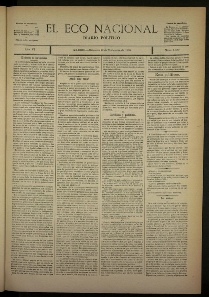 Miniatura de El Eco Nacional de 18 de noviembre de 1885, nº 1670