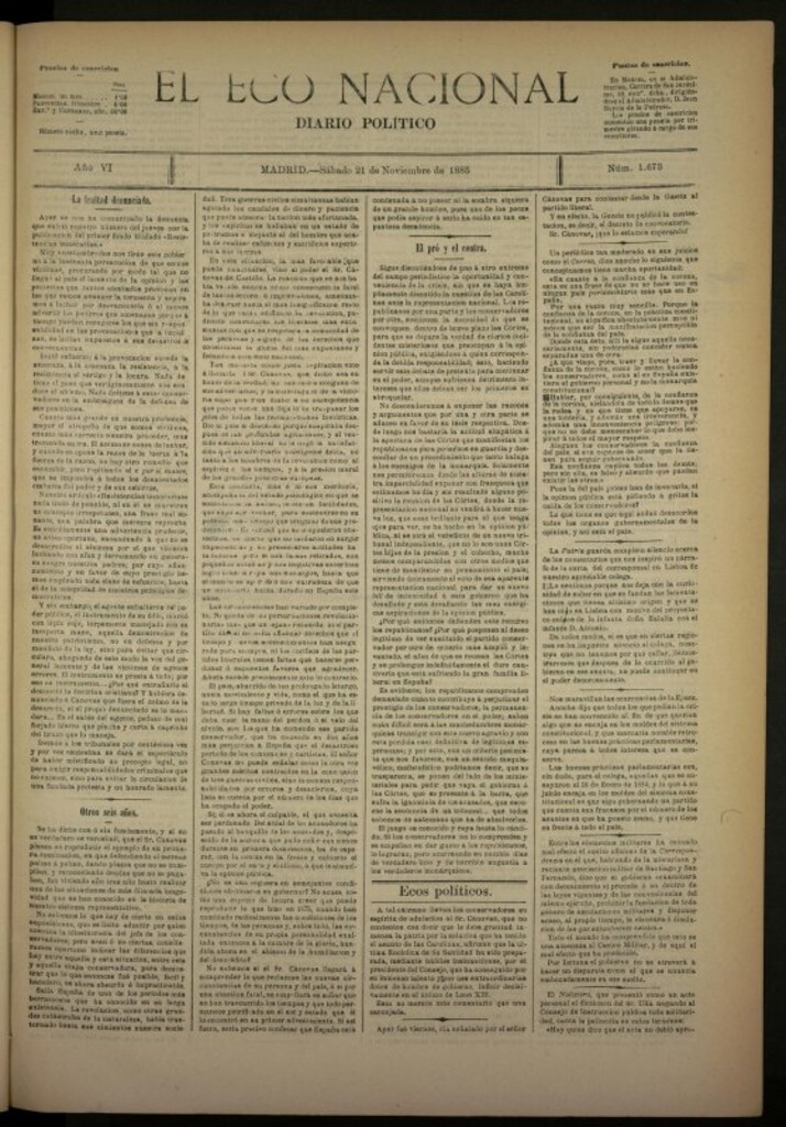 Miniatura de El Eco Nacional de 21 de noviembre de 1885, nº 1673