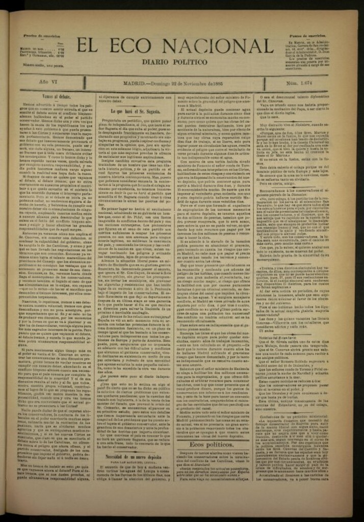 Miniatura de El Eco Nacional de 22 de noviembre de 1885, nº 1674
