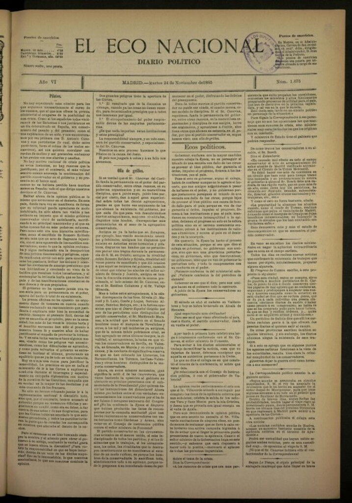 Miniatura de El Eco Nacional de 24 de noviembre de 1885, nº 1675