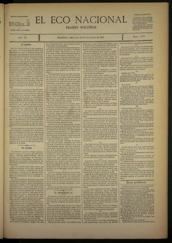 Miniatura de El Eco Nacional de 25 de noviembre de 1885, nº 1676