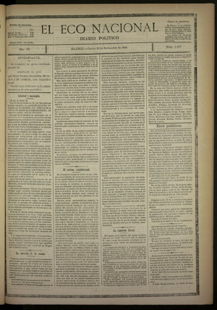 Miniatura de El Eco Nacional de 26 de noviembre de 1885, nº 1677