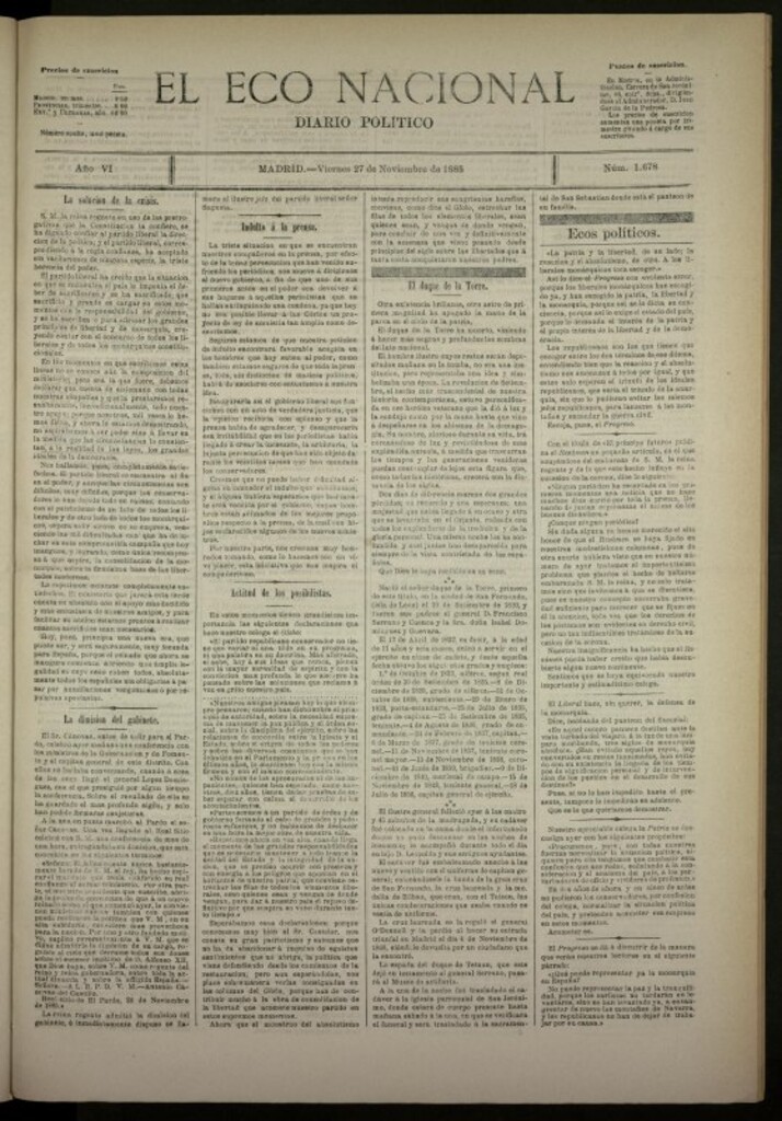 Miniatura de El Eco Nacional de 27 de noviembre de 1885, nº 1678