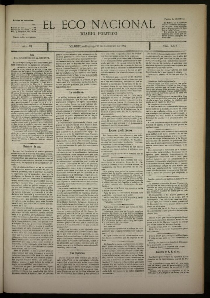 Miniatura de El Eco Nacional de 29 de noviembre de 1885, nº 1679 [sic]