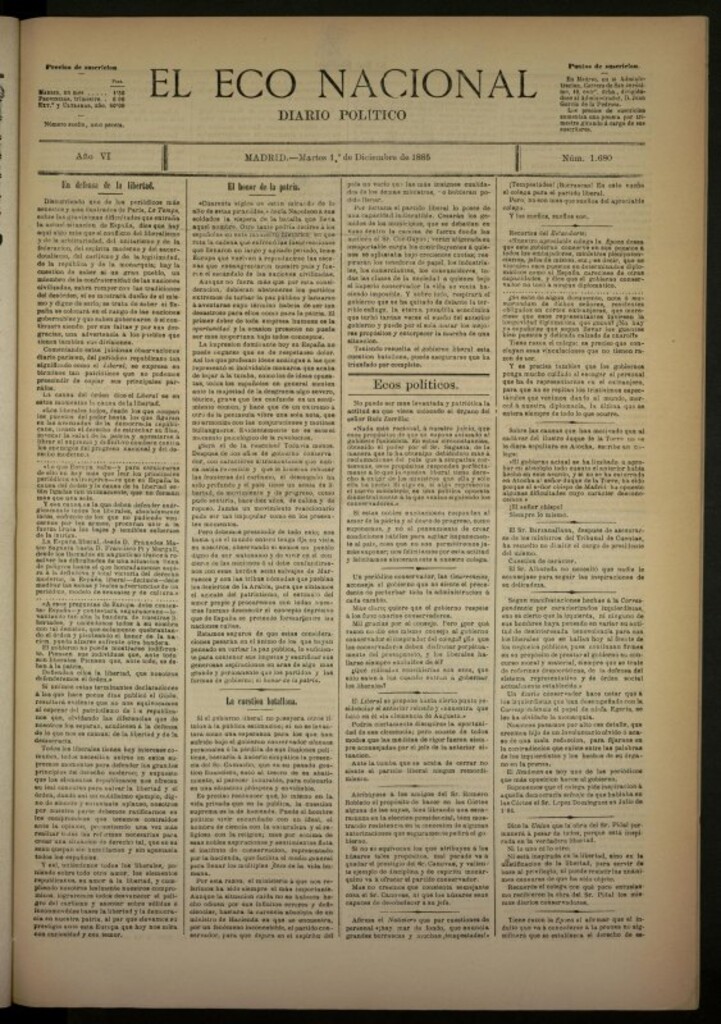 Miniatura de El Eco Nacional de 1 de diciembre de 1885, nº 1680