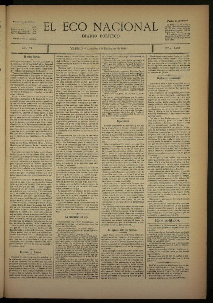 Miniatura de El Eco Nacional de 2 de diciembre de 1885, nº 1681