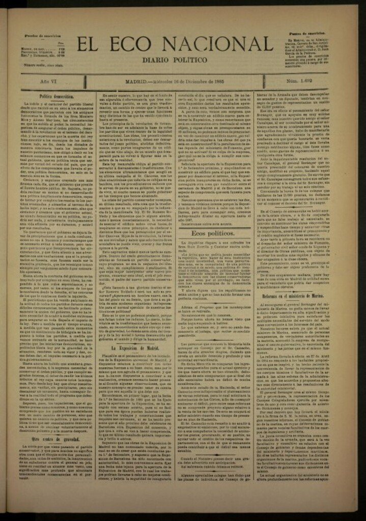 Miniatura de El Eco Nacional de 16 de diciembre de 1885, nº 1692