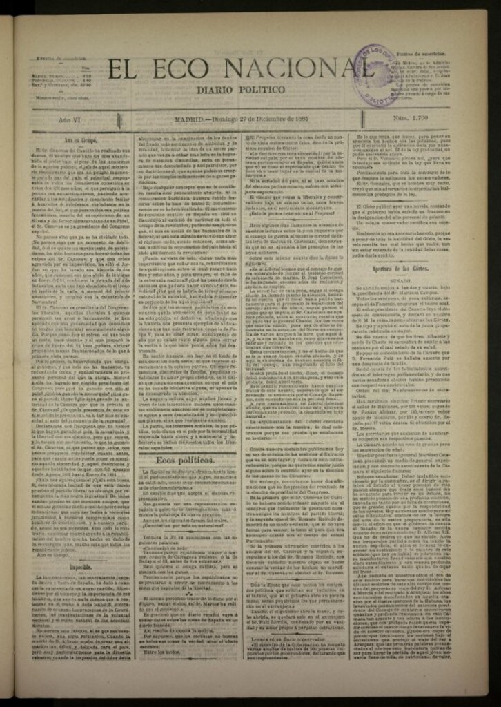 Miniatura de El Eco Nacional de 27 de diciembre de 1885, nº 1700