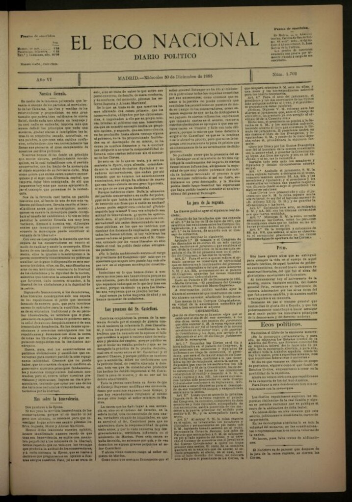 Miniatura de El Eco Nacional de 30 de diciembre de 1885, nº 1702