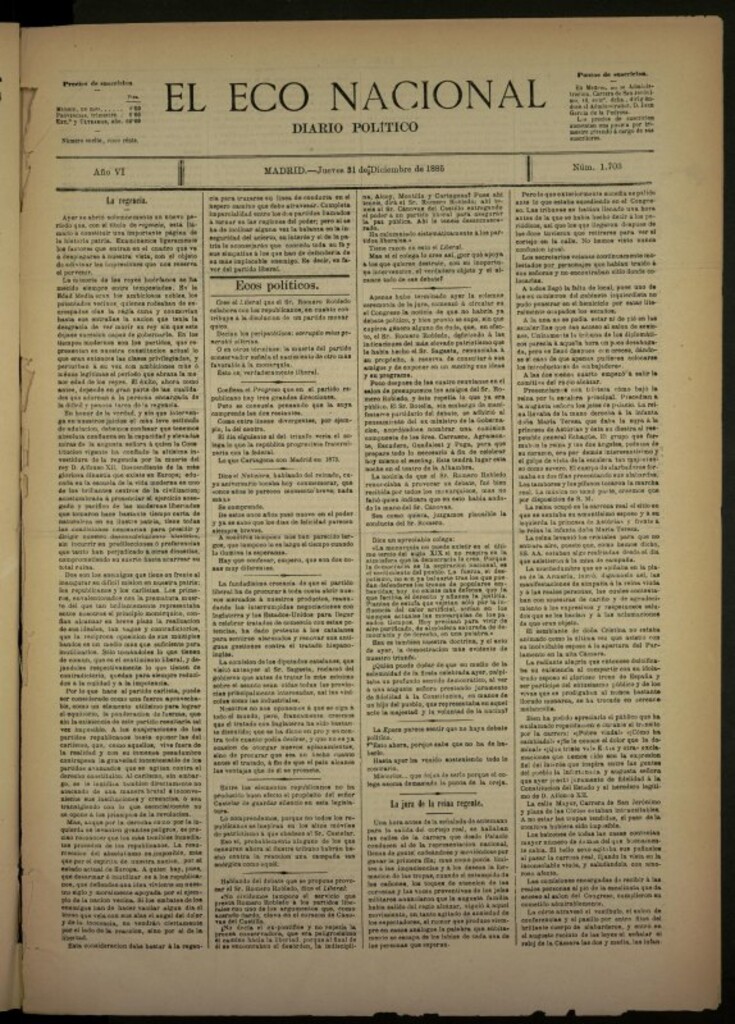 Miniatura de El Eco Nacional de 31 de diciembre de 1885, nº 1703
