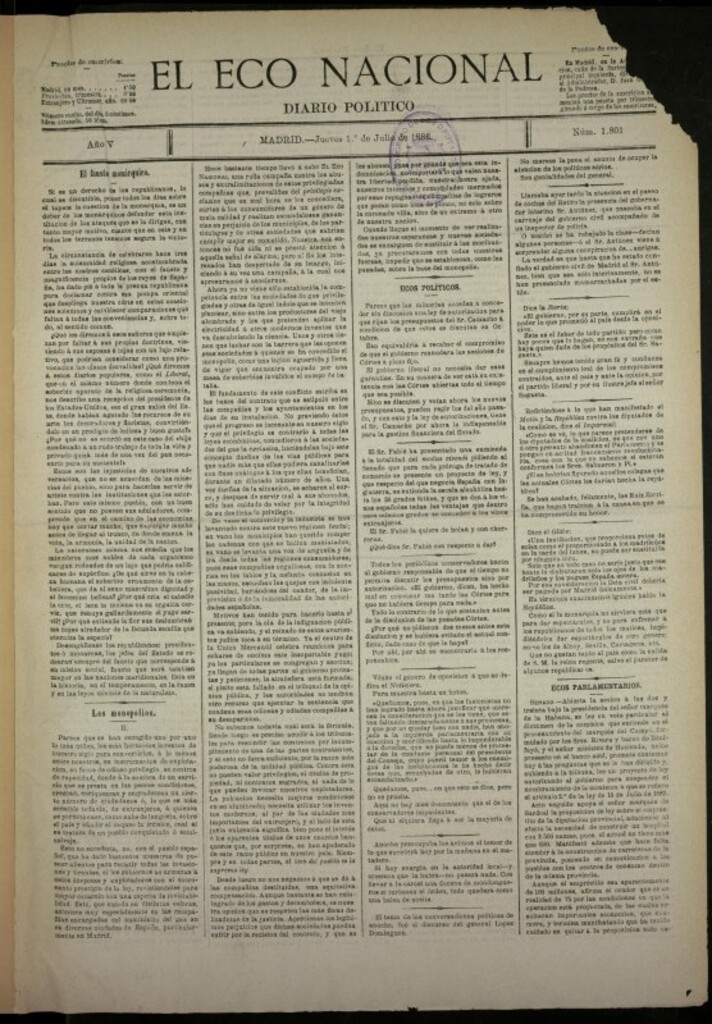 Miniatura de El Eco Nacional de 1 de julio de 1886, nº 1801