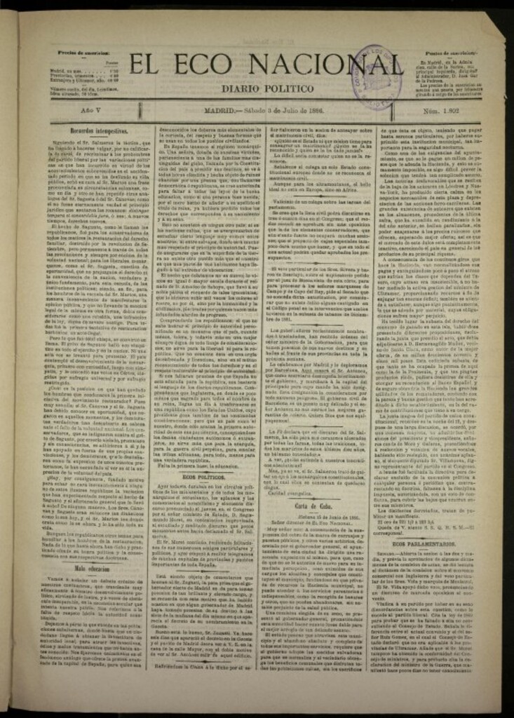 Miniatura de El Eco Nacional de 3 de julio de 1886, nº 1802