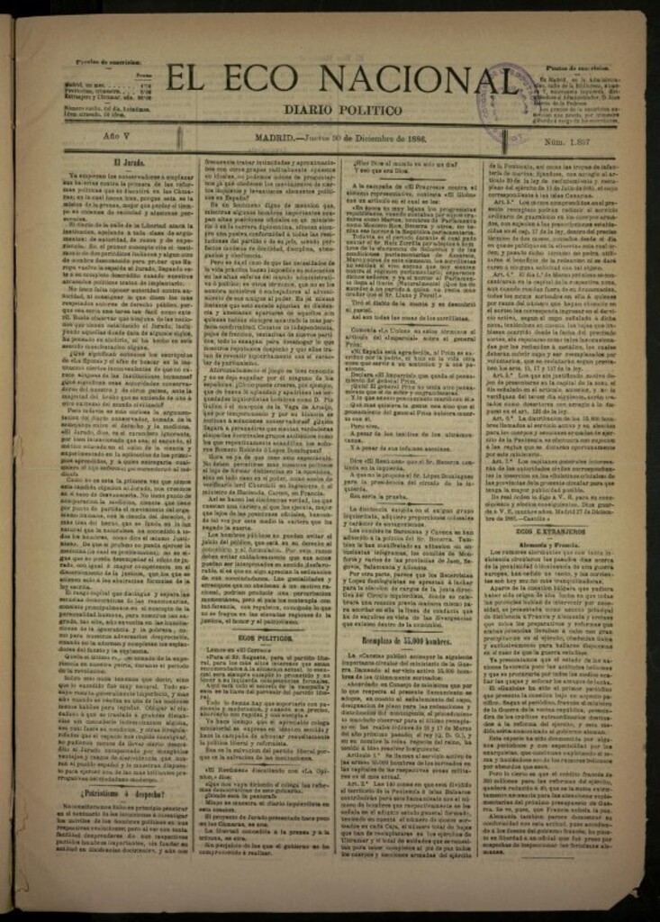 Miniatura de El Eco Nacional de 30 de diciembre de 1886, nº 1897