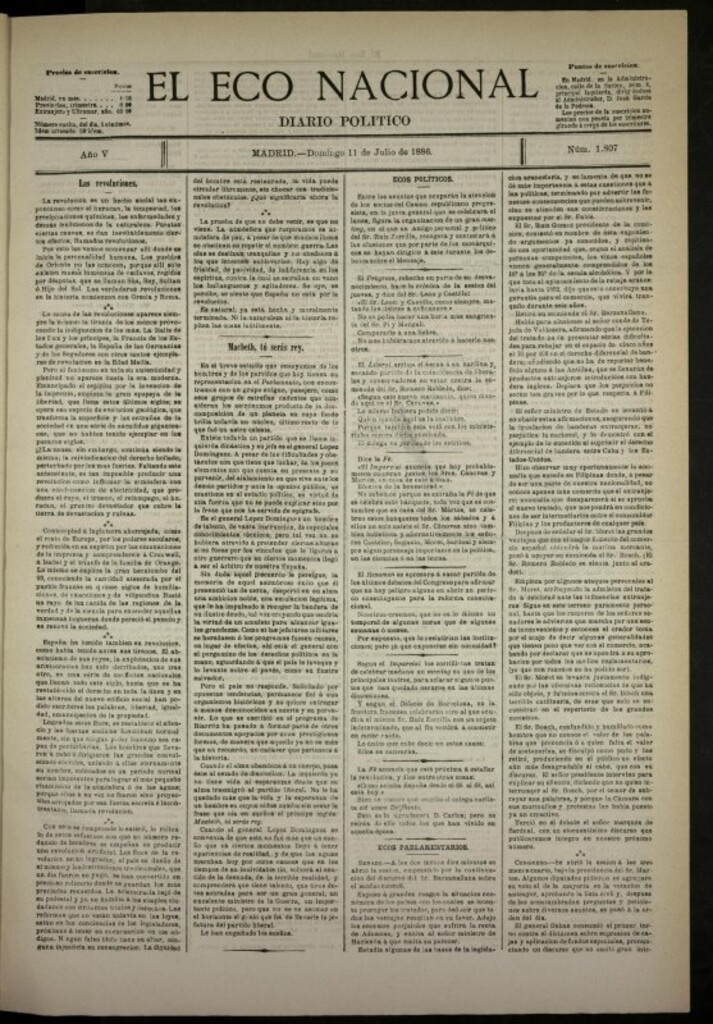 Miniatura de El Eco Nacional de 11 de julio de 1886, nº 1807