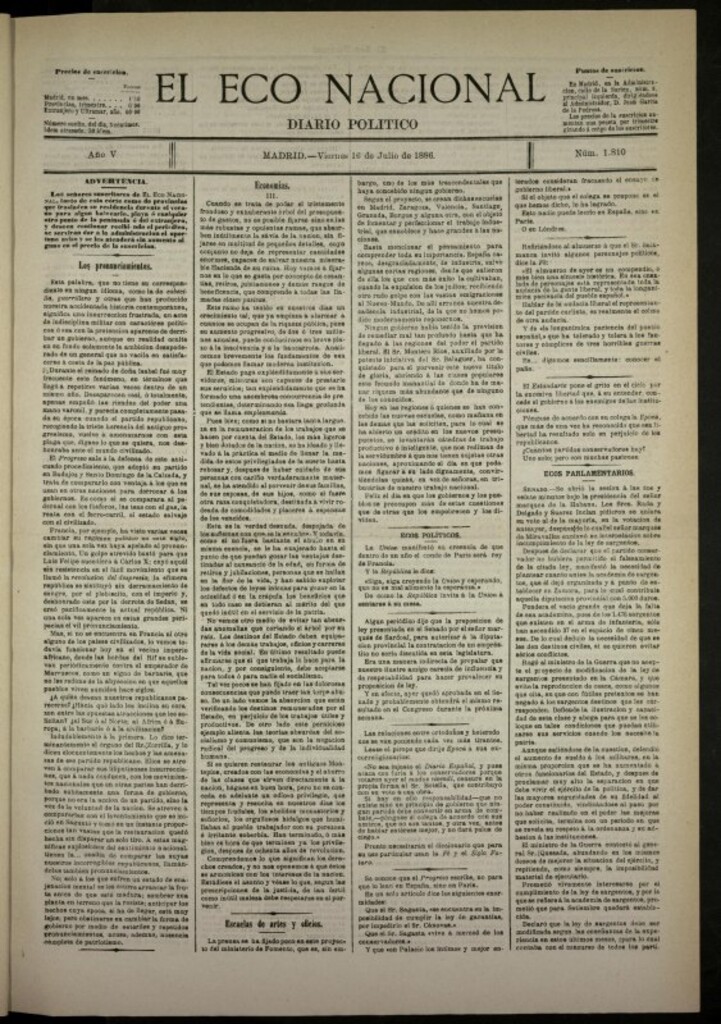 Miniatura de El Eco Nacional de 16 de julio de 1886, nº 1810