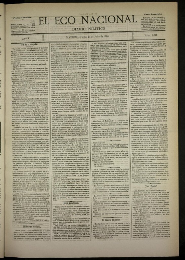 Miniatura de El Eco Nacional de 29 de julio de 1886, nº 1815