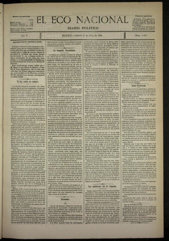 Miniatura de El Eco Nacional de 31 de julio de 1886, nº 1816