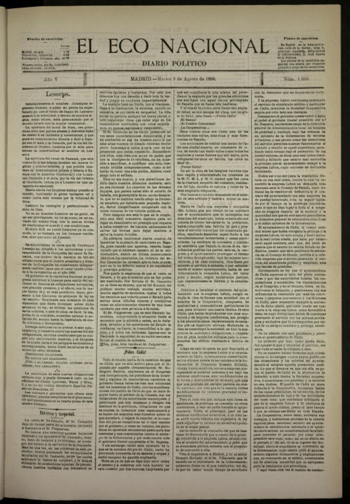 Miniatura de El Eco Nacional de 3 de agosto de 1886, nº 1818