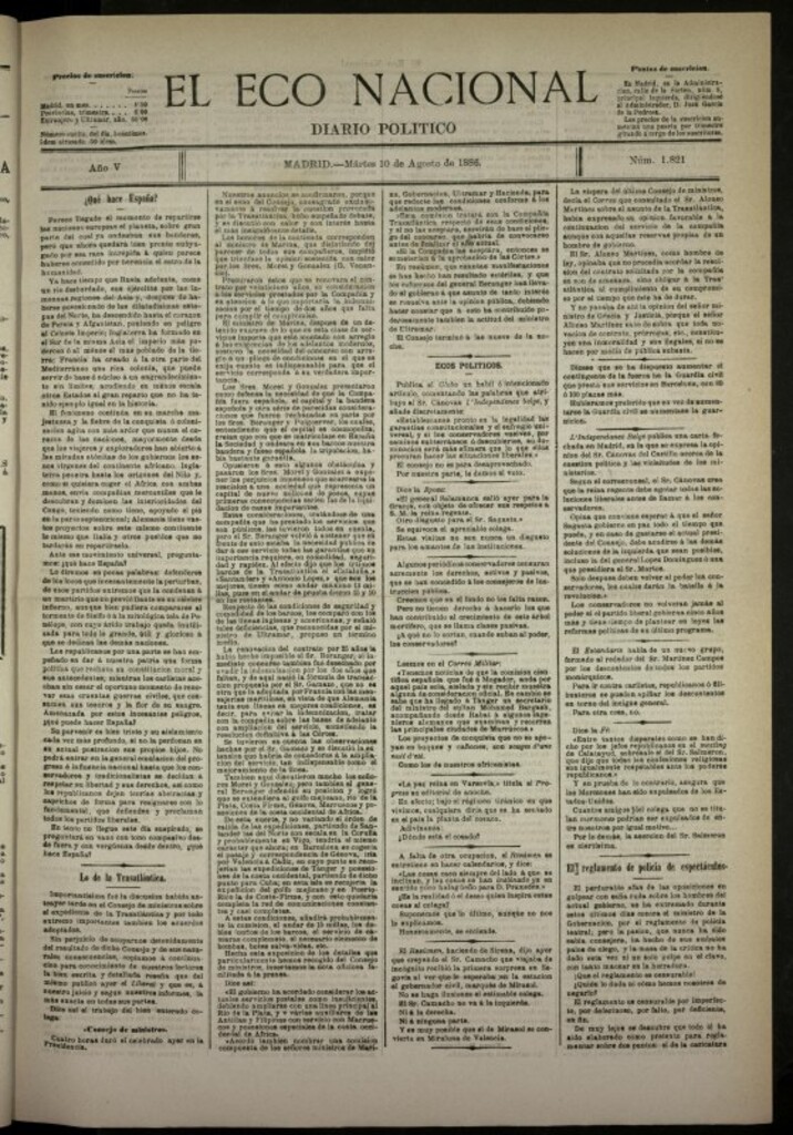 Miniatura de El Eco Nacional de 10 de agosto de 1886, nº 1821