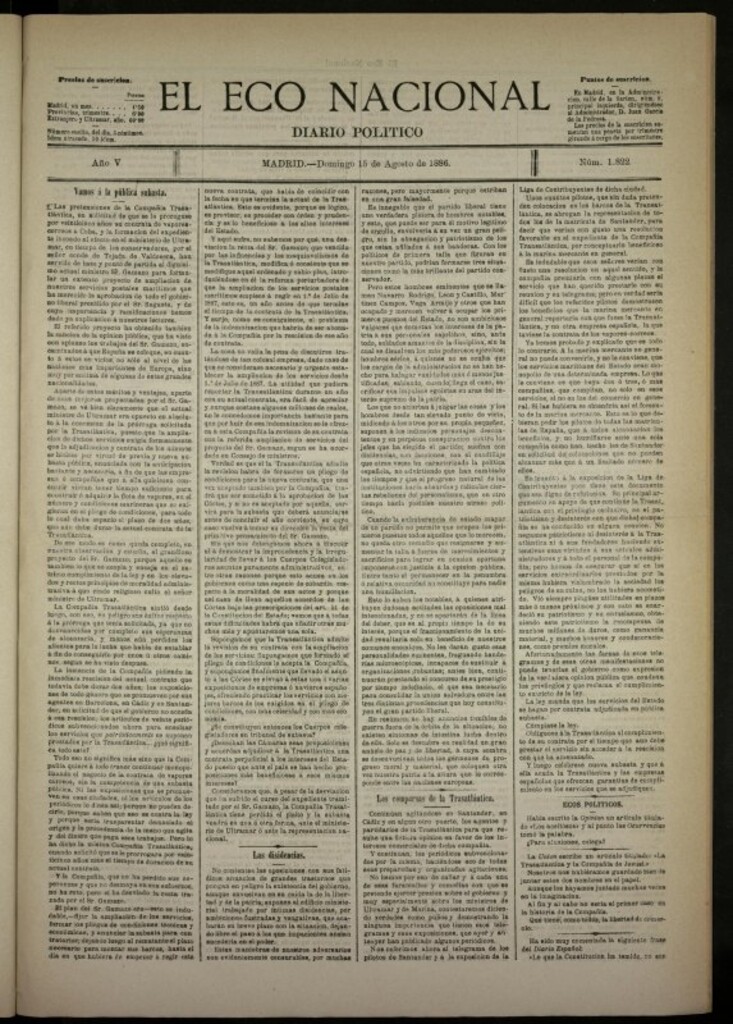 Miniatura de El Eco Nacional de 15 de agosto de 1886, nº 1822