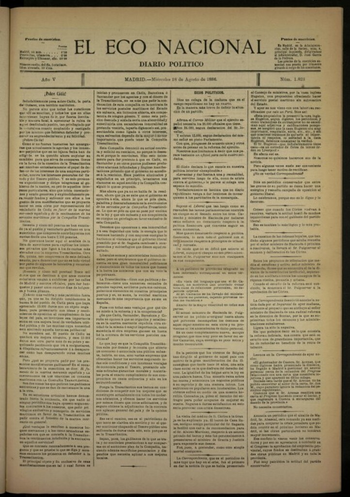 Miniatura de El Eco Nacional de 18 de agosto de 1886, nº 1823