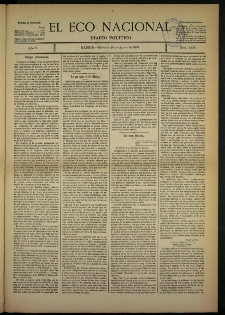 Miniatura de El Eco Nacional de 25 de agosto de 1886, nº 1826