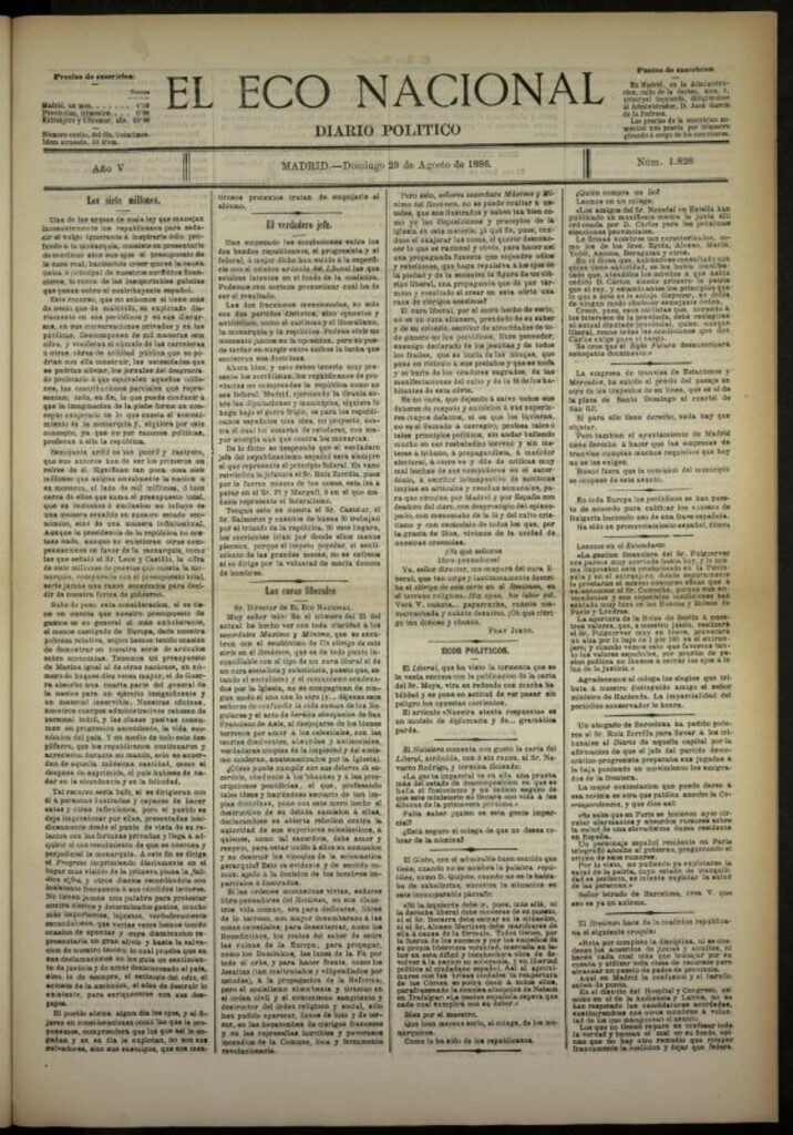 Miniatura de El Eco Nacional de 29 de agosto de 1886, nº 1828