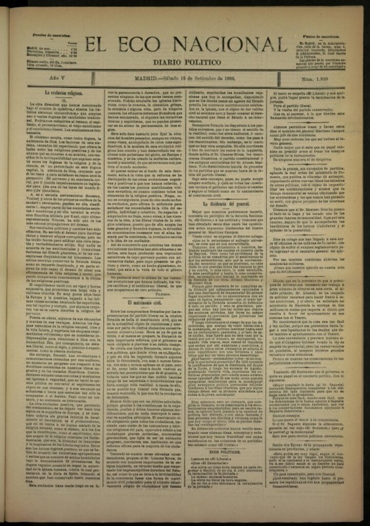 Miniatura de El Eco Nacional de 18 de septiembre de 1886, nº 1839