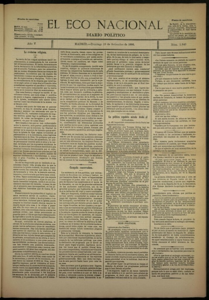 Miniatura de El Eco Nacional de 19 de septiembre de 1886, nº 1840