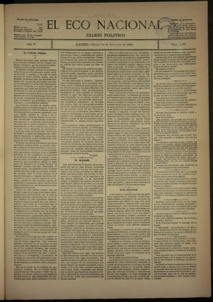 Miniatura de El Eco Nacional de 21 de septiembre de 1886, nº 1841