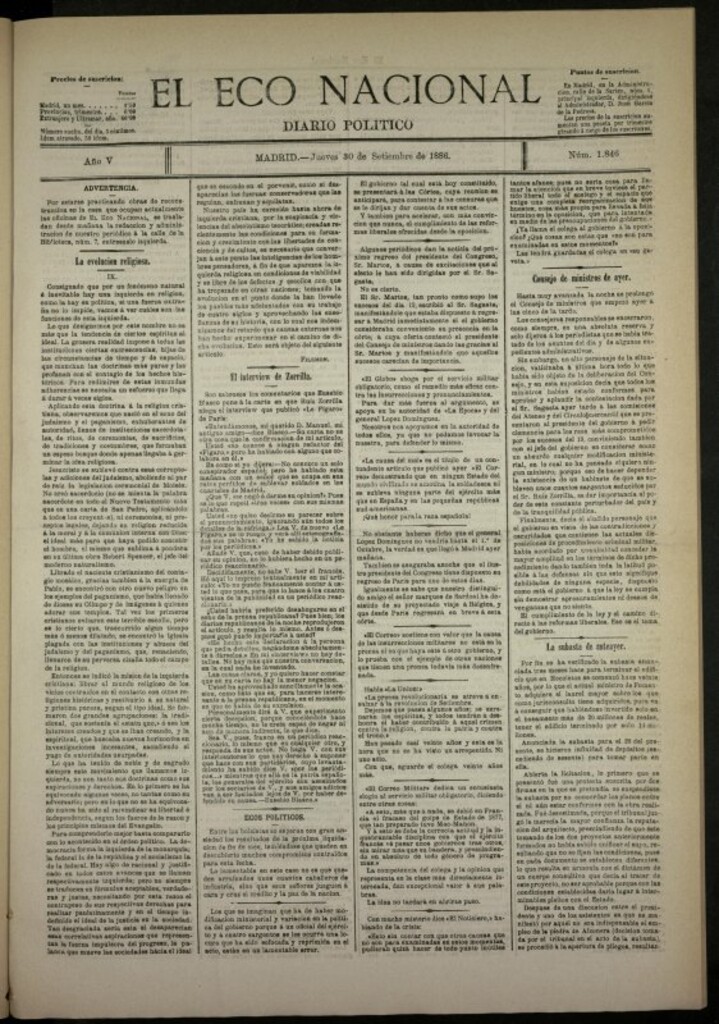 Miniatura de El Eco Nacional de 30 de septiembre de 1886, nº 1846