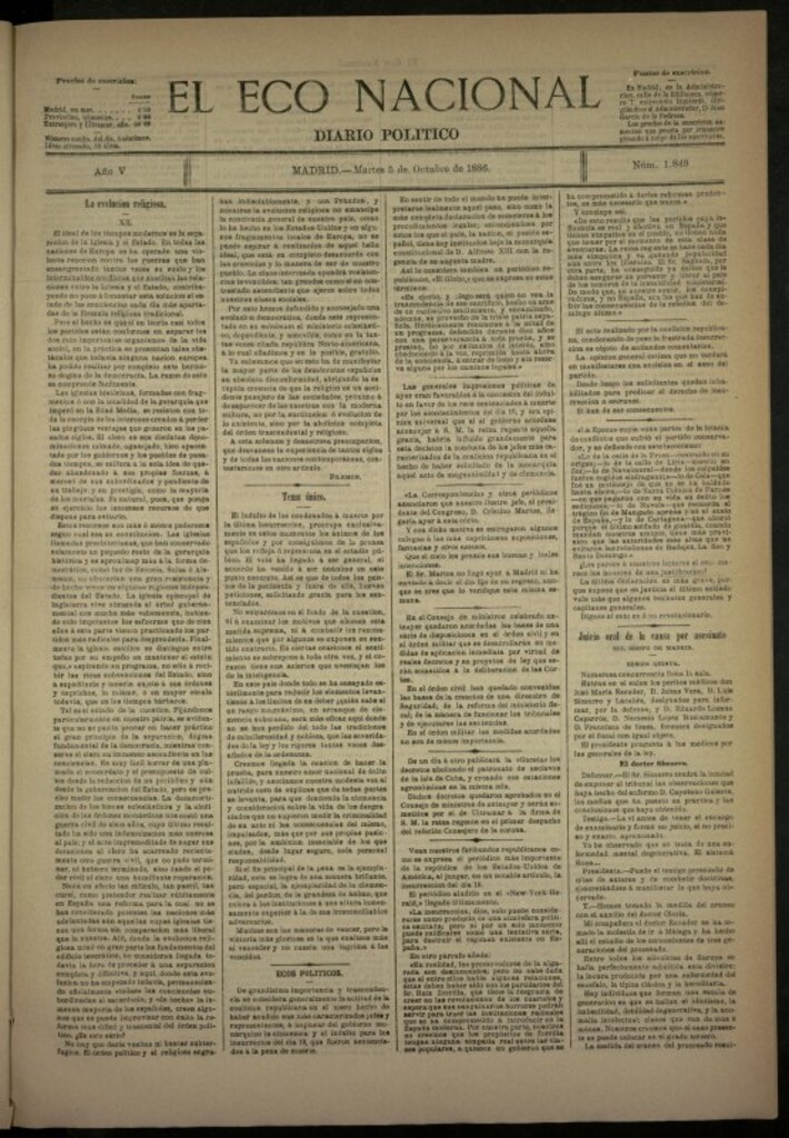 Miniatura de El Eco Nacional de 5 de octubre de 1886, nº 1849