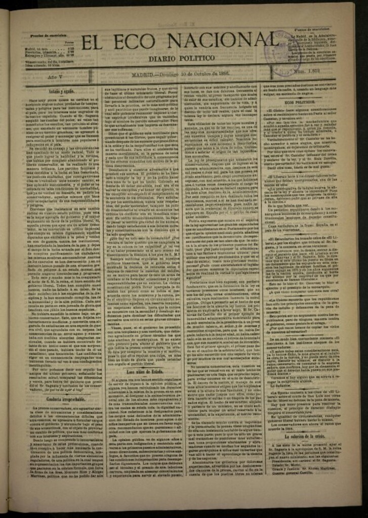 Miniatura de El Eco Nacional de 10 de octubre de 1886, nº 1852