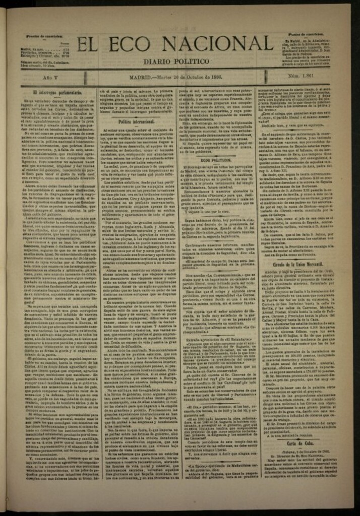 Miniatura de El Eco Nacional de 26 de octubre de 1886, nº 1861