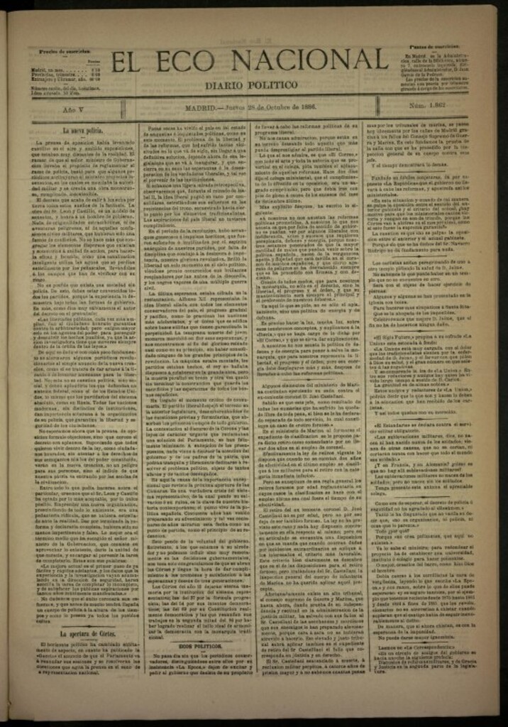Miniatura de El Eco Nacional de 28 de octubre de 1886, nº 1862