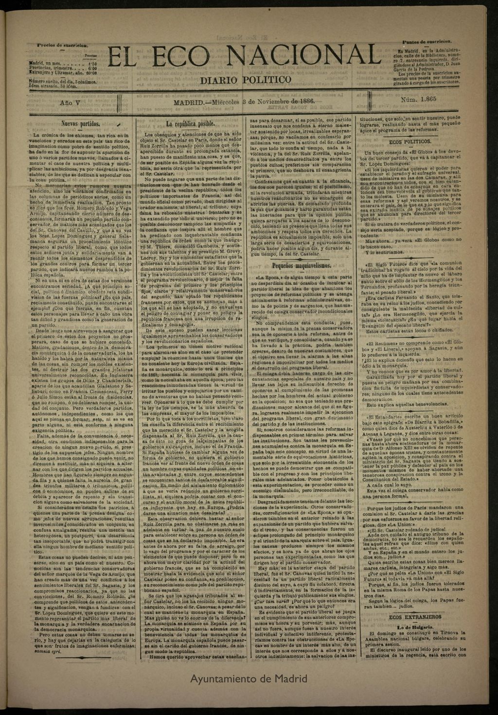 Miniatura de El Eco Nacional de 3 de noviembre de 1886, nº 1865