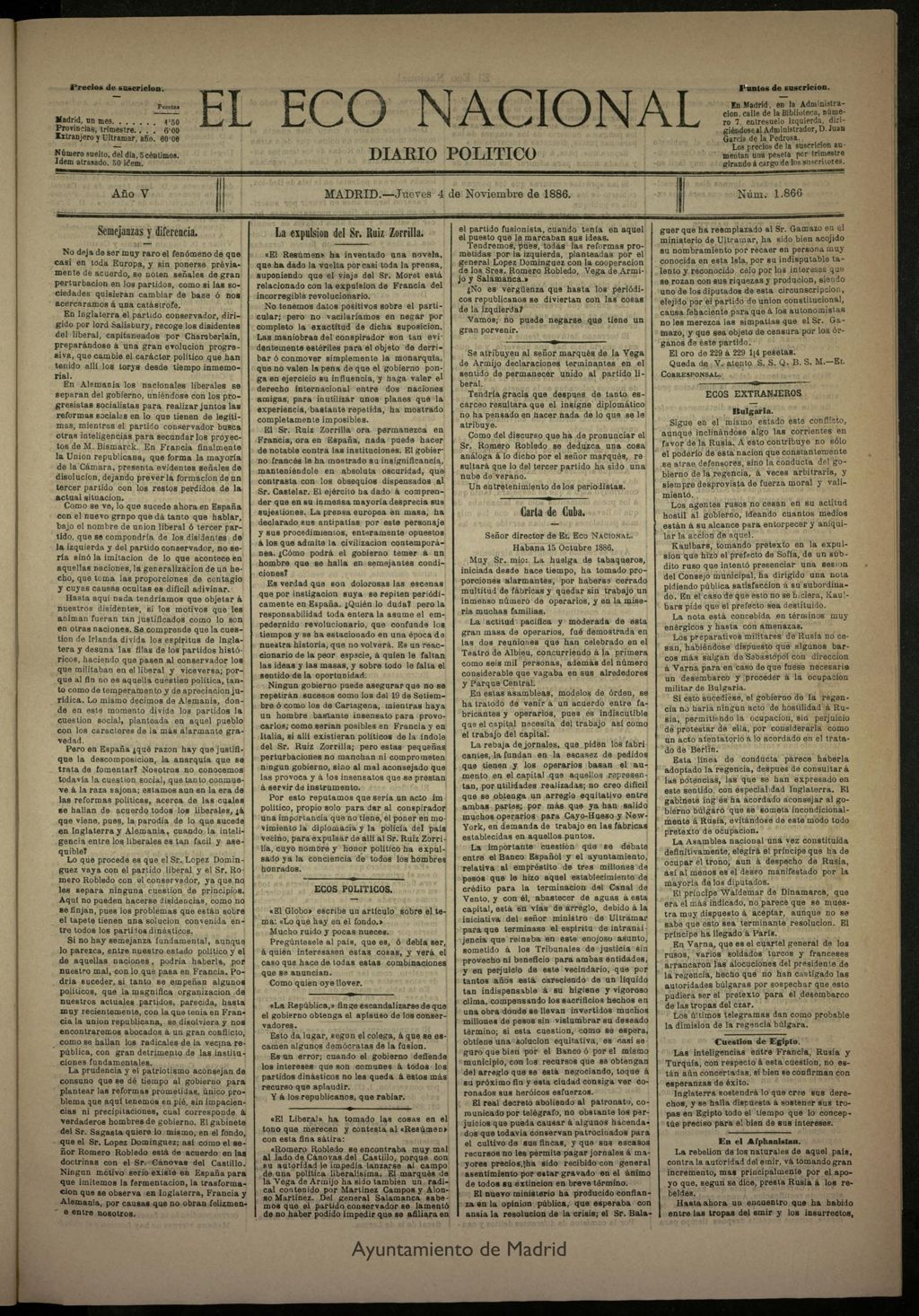 Miniatura de El Eco Nacional de 4 de noviembre de 1886, nº 1866