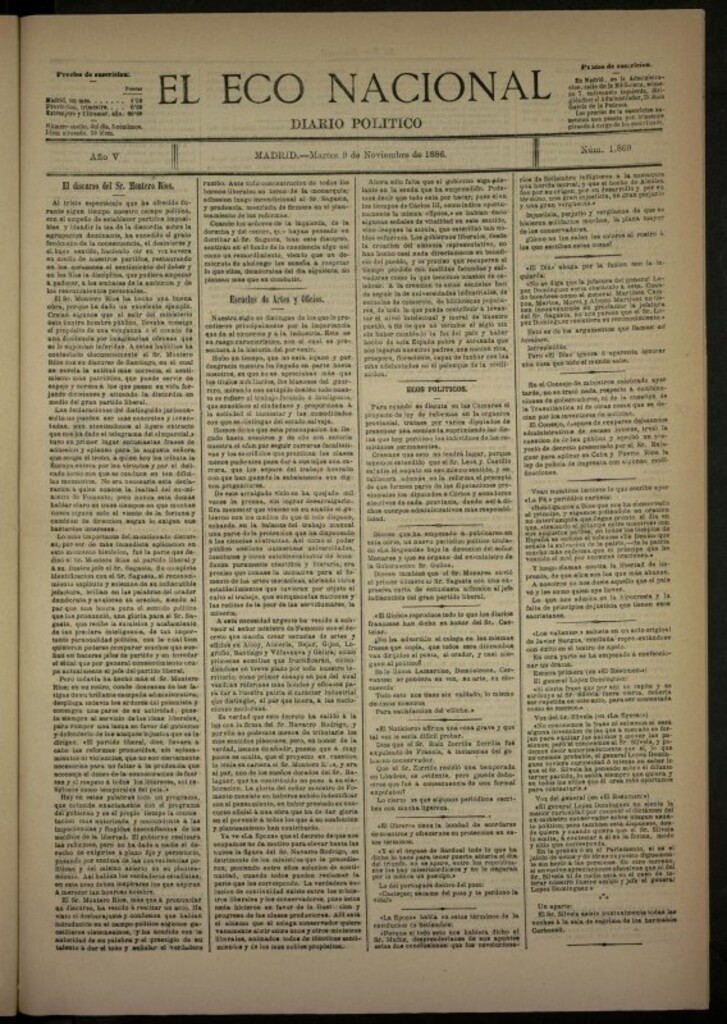 Miniatura de El Eco Nacional de 9 de noviembre de 1886, nº 1869