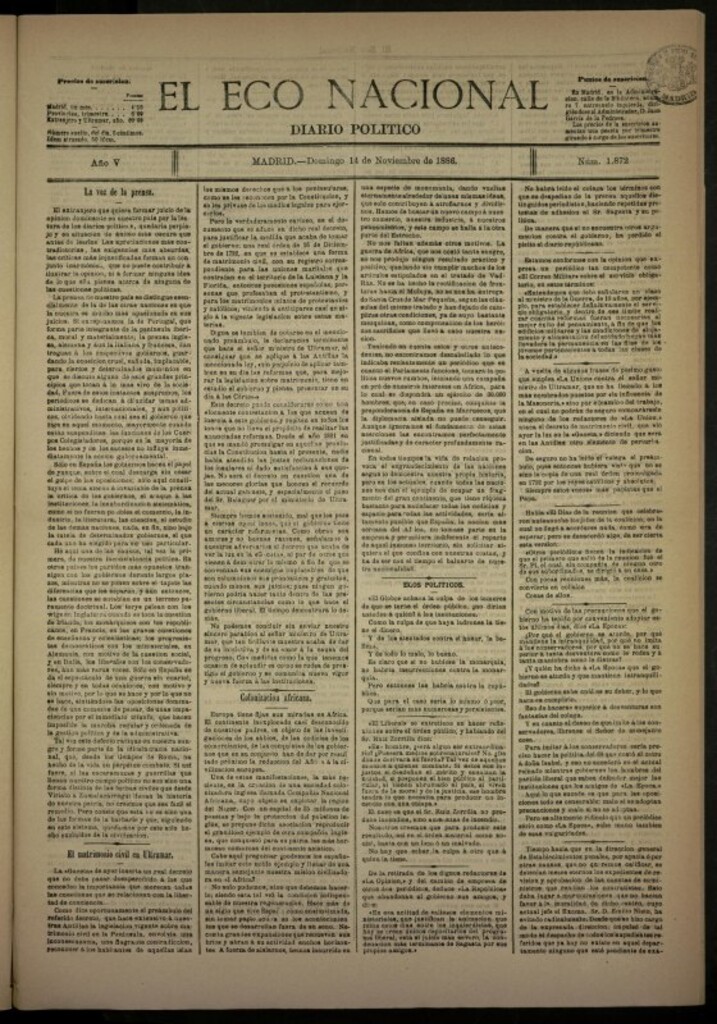 Miniatura de El Eco Nacional de 14 de noviembre de 1886, nº 1872