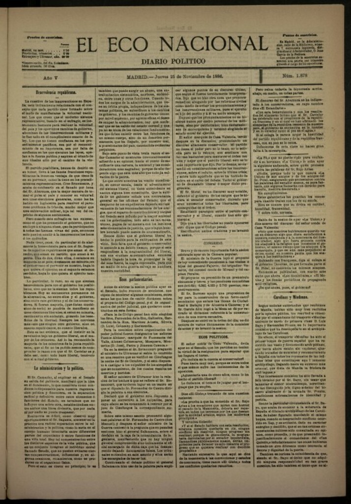 Miniatura de El Eco Nacional de 25 de noviembre de 1886, nº 1878