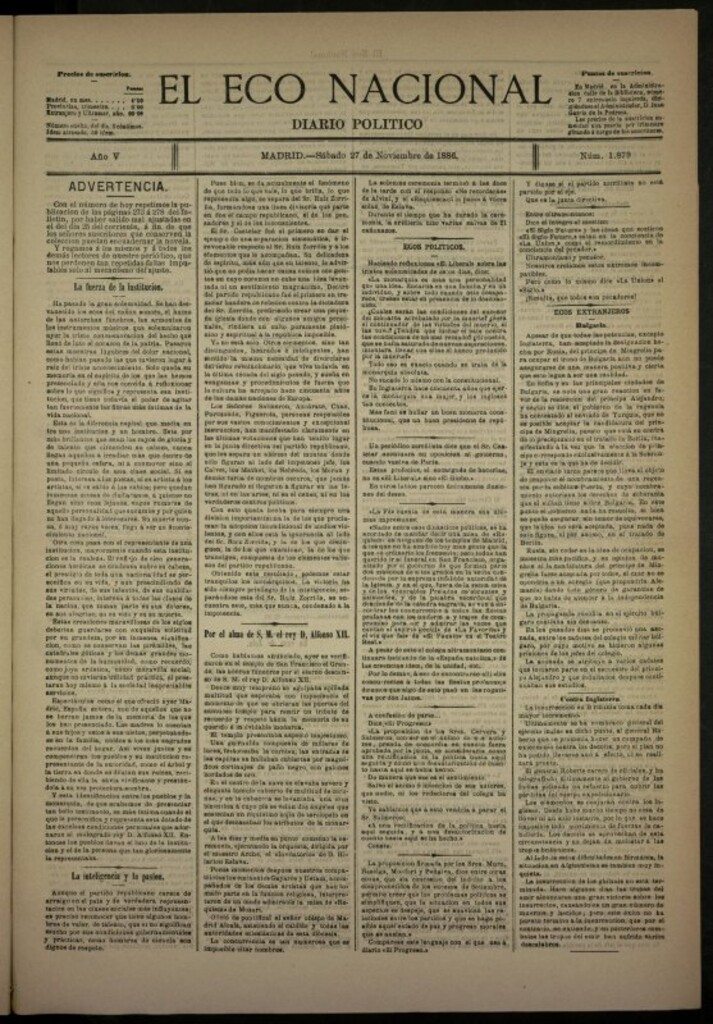 Miniatura de El Eco Nacional de 27 de noviembre de 1886, nº 1879