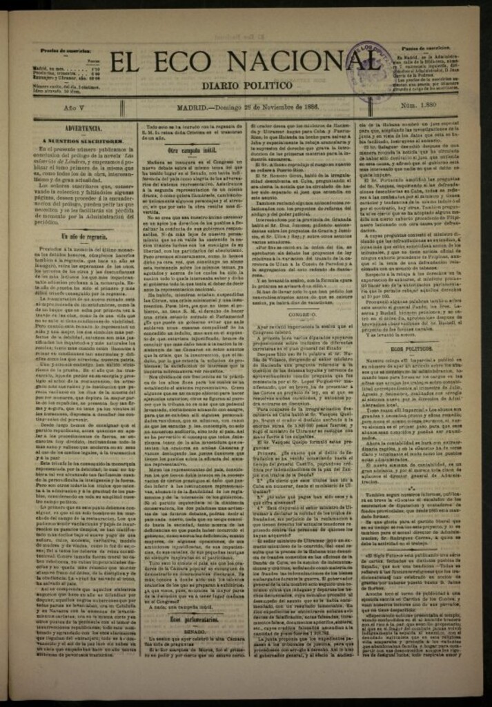 Miniatura de El Eco Nacional de 28 de noviembre de 1886, nº 1880