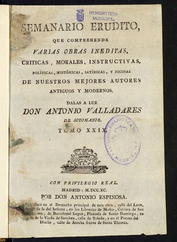 Miniatura de Semanario Erudito  1790. Tomo XXIX.